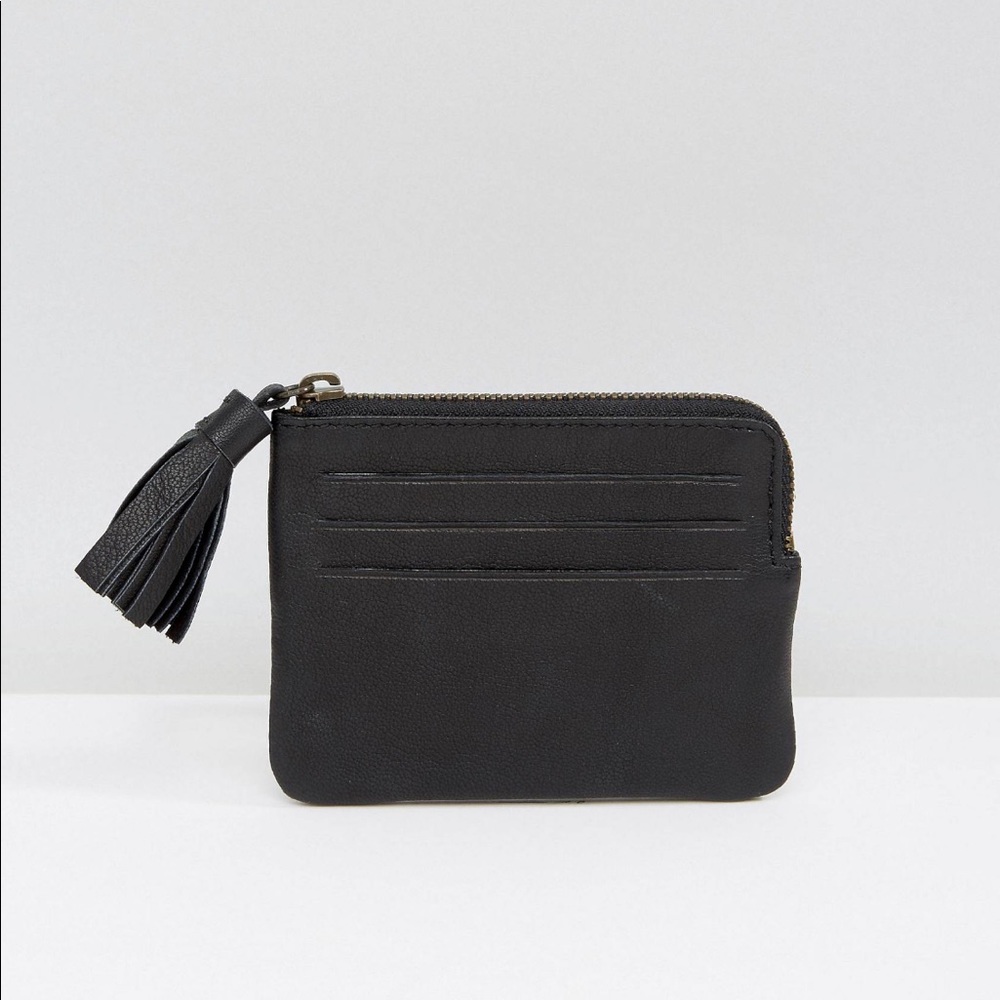 Black Leather Coin Card Case Wallet with Tassel